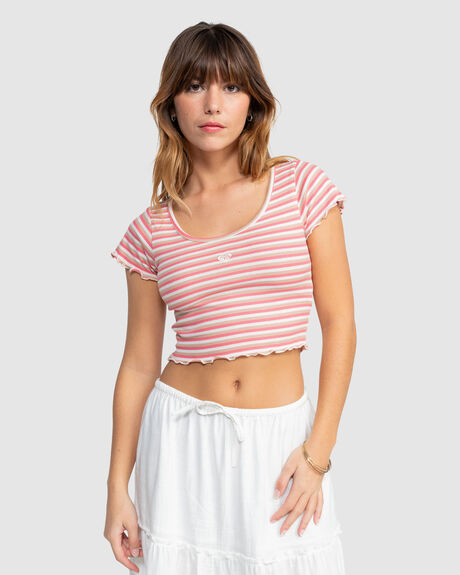 EGRET MINI STRIPE WOMENS CLOTHING ROXY T-SHIRTS + SINGLETS - ERJKT04242-WBS6