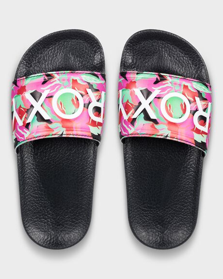 BLACK MULTI CAMO KIDS GIRLS ROXY SLIDES + THONGS - ARGL100287-MUB