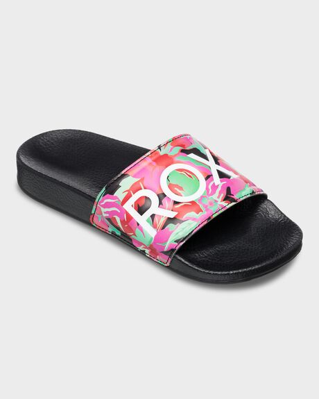 BLACK MULTI CAMO KIDS GIRLS ROXY SLIDES + THONGS - ARGL100287-MUB