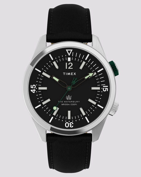 SILVER BLACK LEATHER MENS ACCESSORIES TIMEX WATCHES - TW2V49800SIL