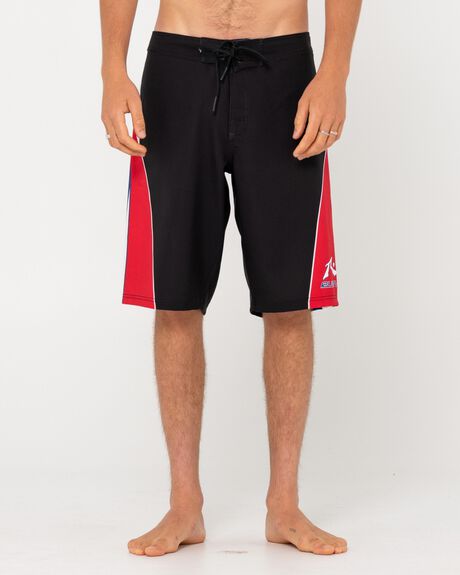 Black and store red board shorts