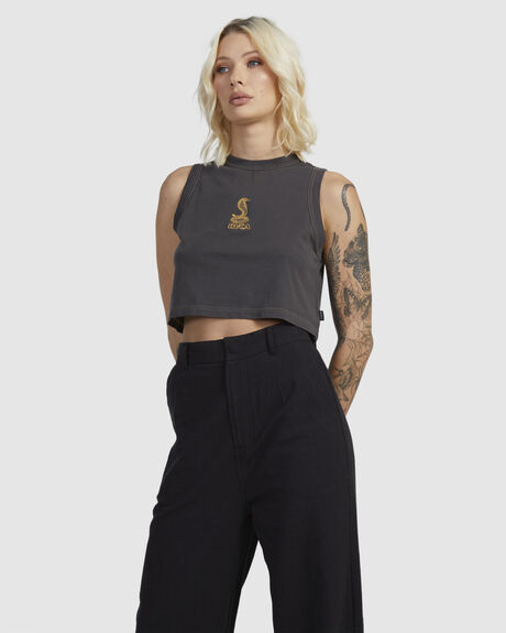 WASHED BLACK WOMENS CLOTHING RVCA T-SHIRTS + SINGLETS - UVJZT00202-WAA