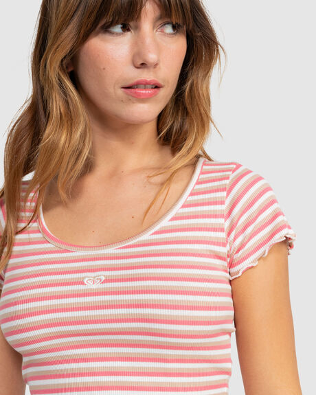 EGRET MINI STRIPE WOMENS CLOTHING ROXY T-SHIRTS + SINGLETS - ERJKT04242-WBS6