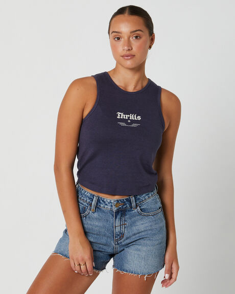 STATION NAVY WOMENS CLOTHING THRILLS T-SHIRTS + SINGLETS - WTS23-122E-NVY