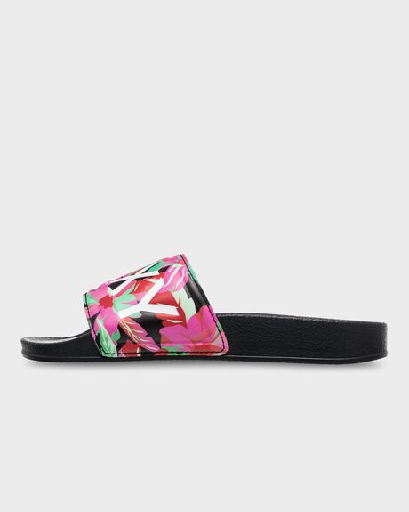 BLACK MULTI CAMO KIDS GIRLS ROXY SLIDES + THONGS - ARGL100287-MUB