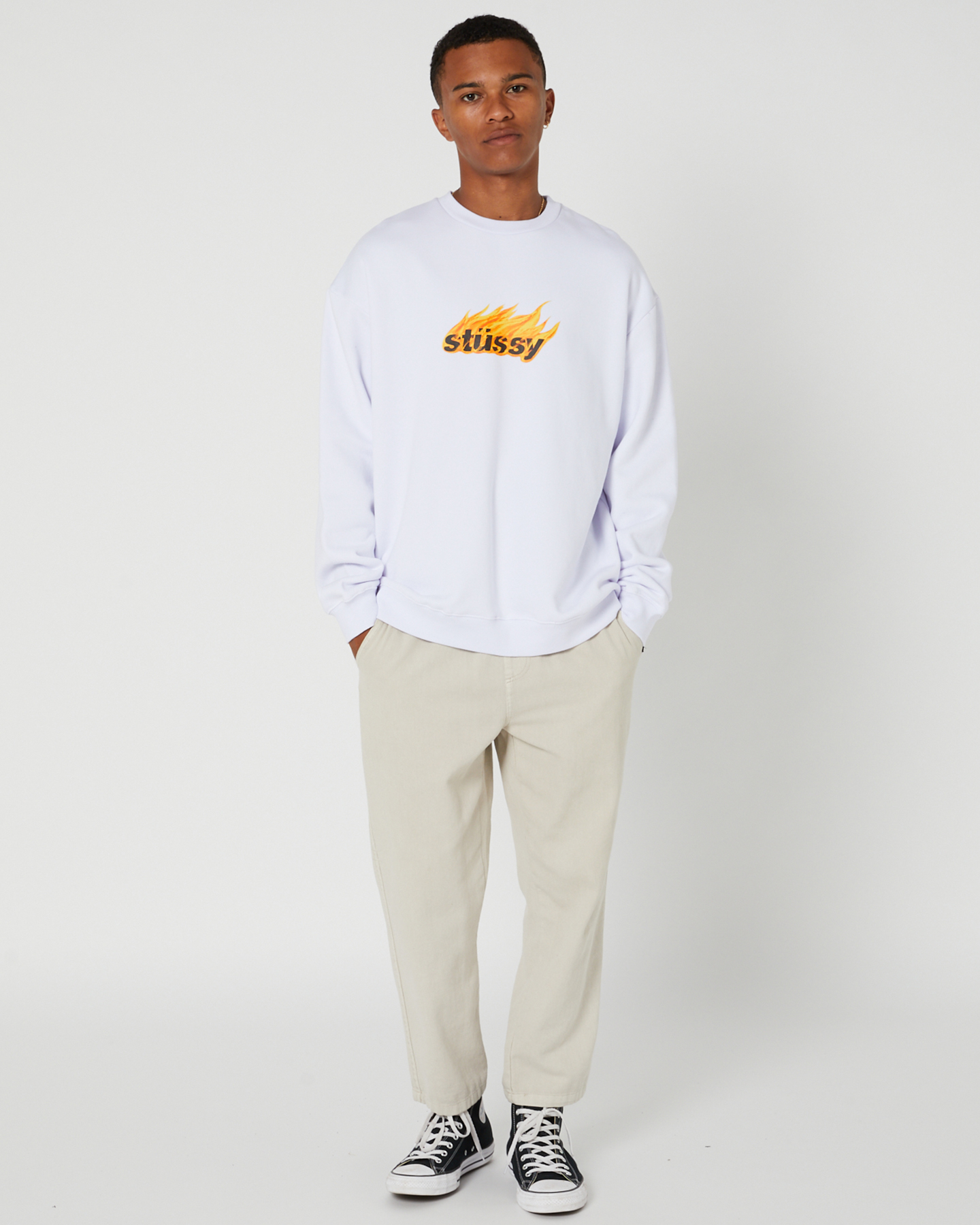 Stussy Pigment Flames 50/50 Crew - White | SurfStitch