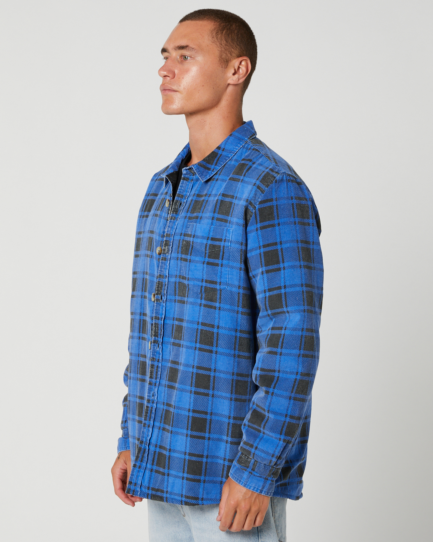 Rollas Men At Work Quilted Cord Check Shirt - Blue | SurfStitch