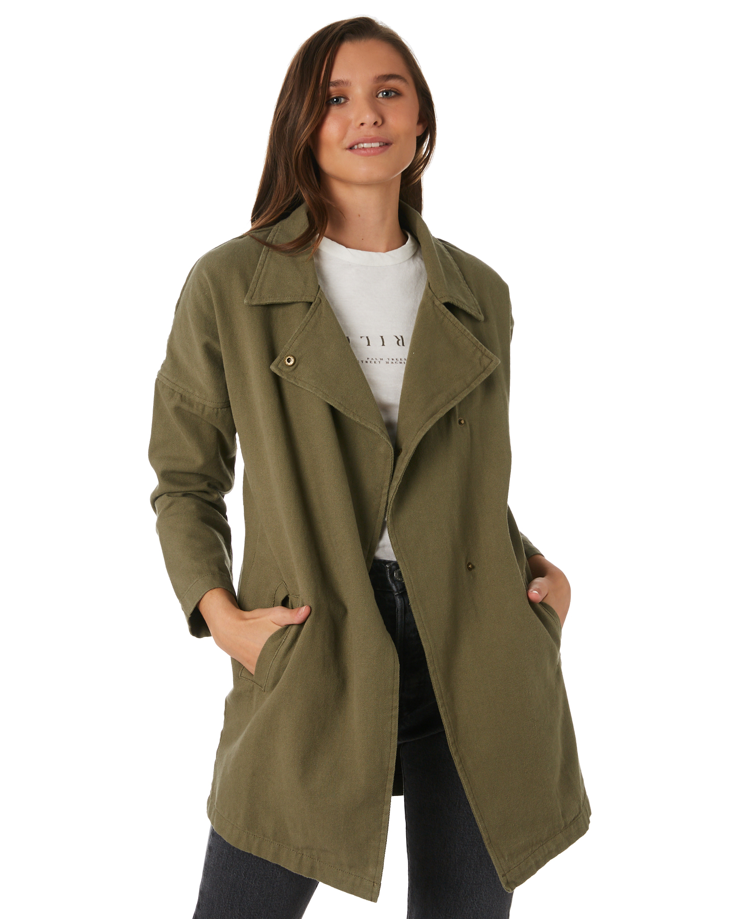 Thrills Womens Force Trench Jacket - Army Green | SurfStitch