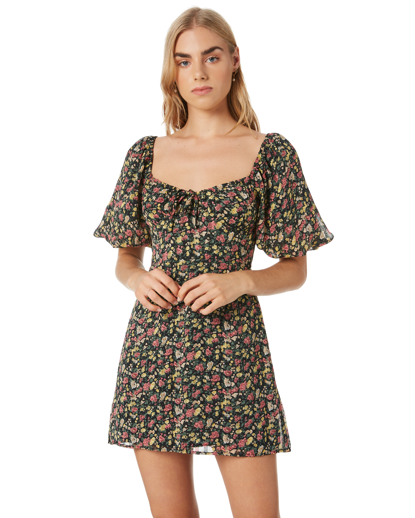 lace yoke floral flare dress