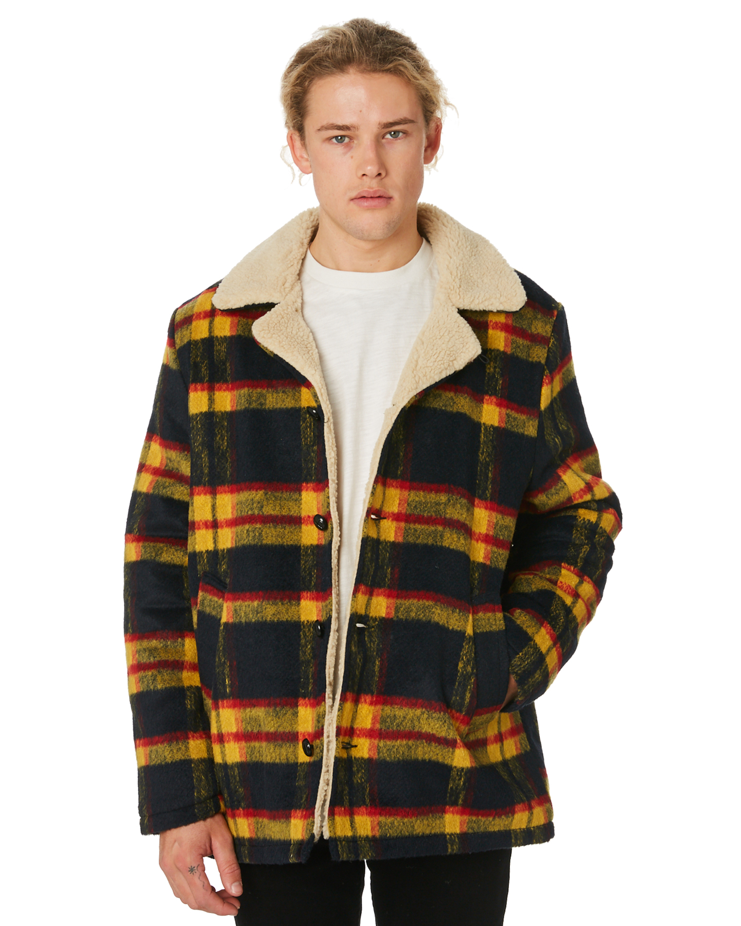 Rollas Old Mate Mens Sherpa Coat - Sunset Check | SurfStitch