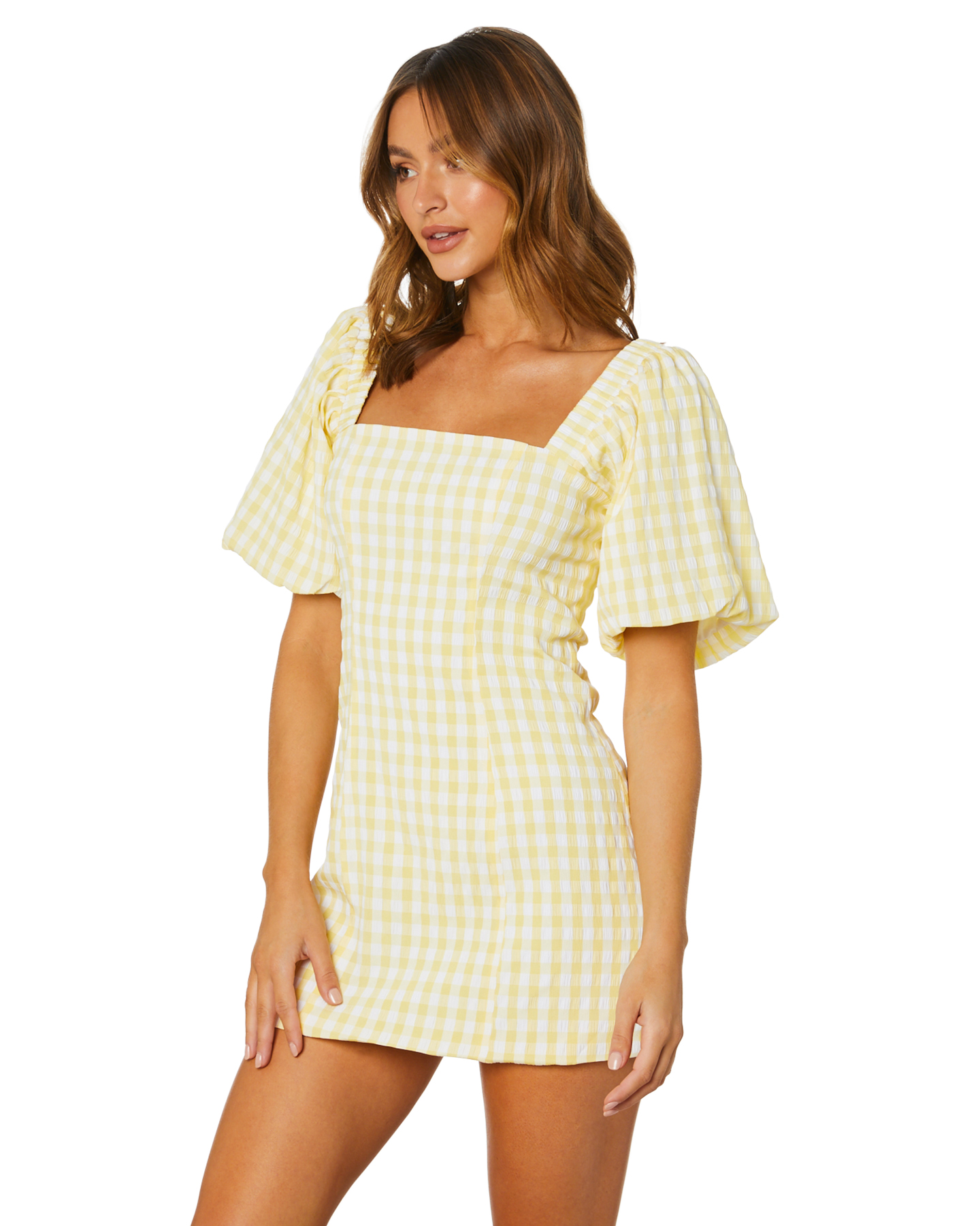 yellow gingham mini dress