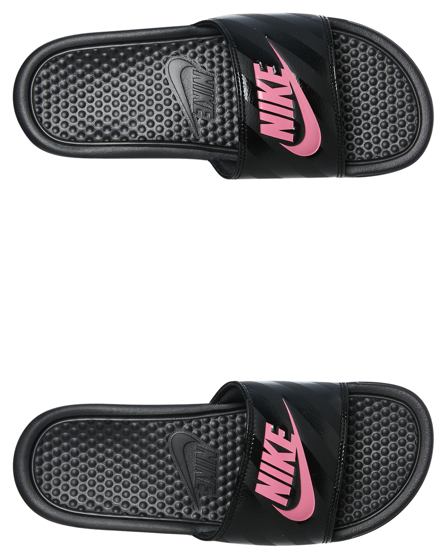 pink and black nike slides