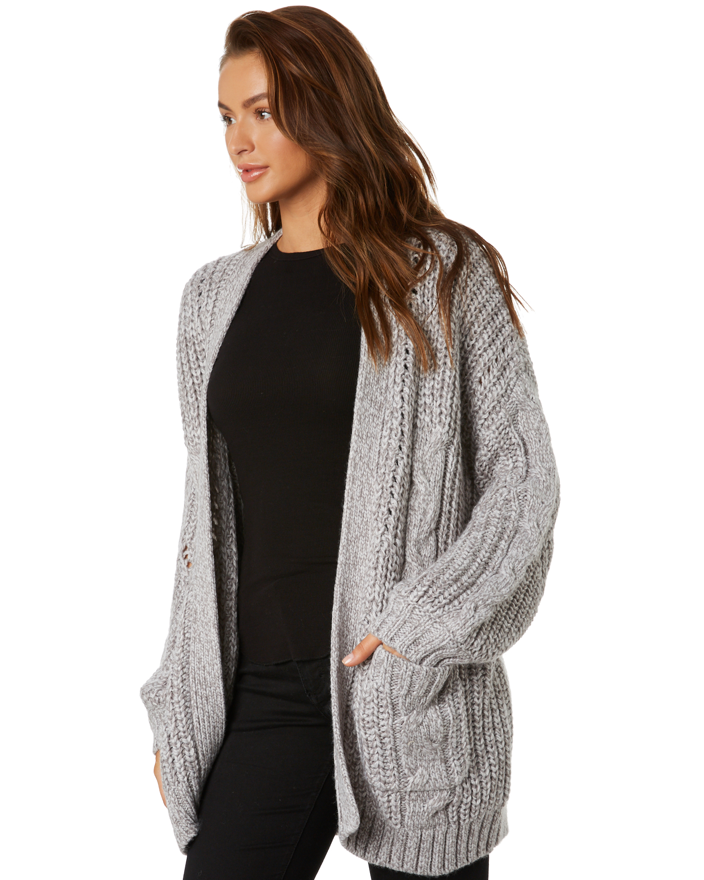 Rusty Folktale Chunky Knit Cardigan Light Grey Marle SurfStitch