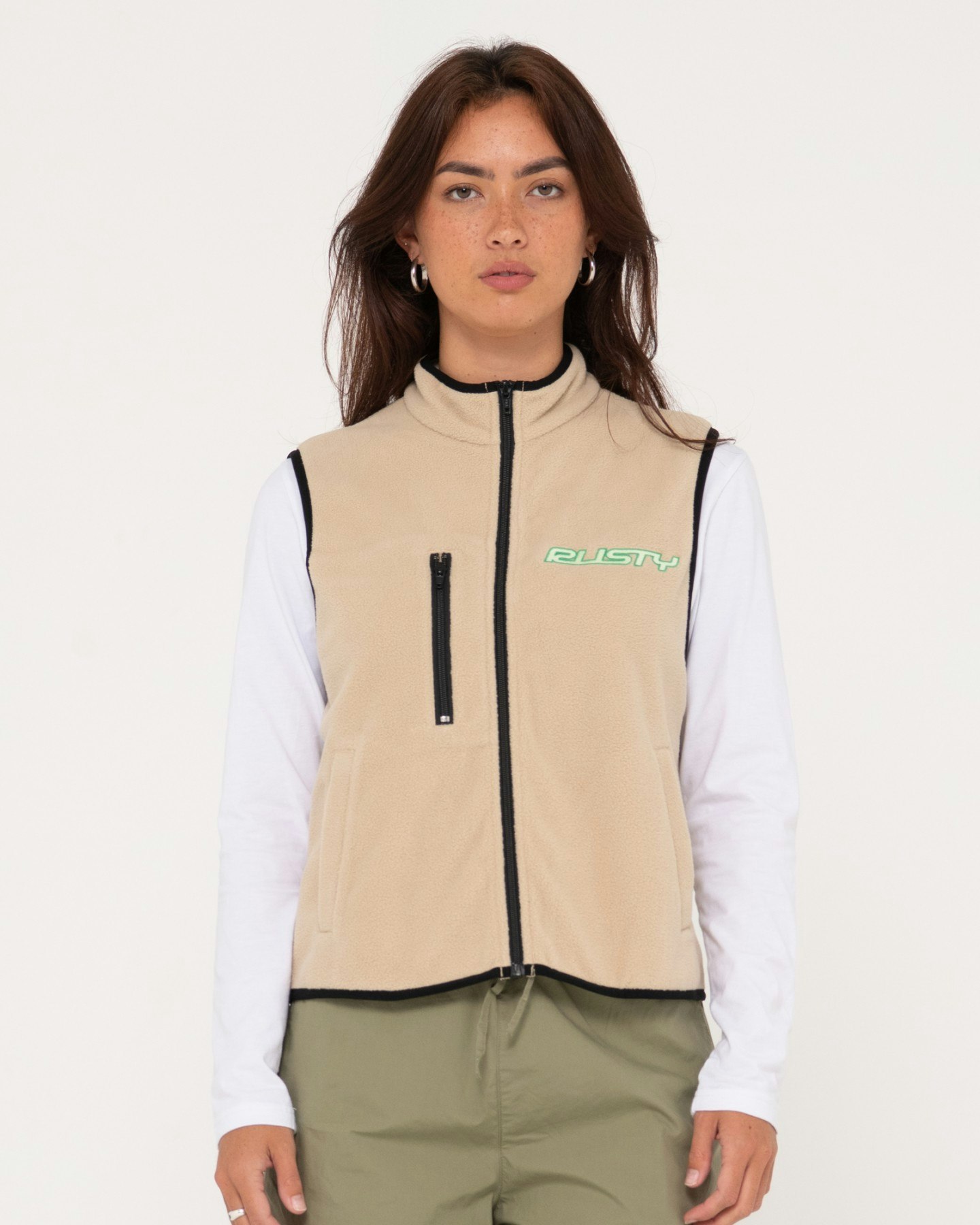 Rusty Bear Arms Zip Through Polar Fleece Vest Light Khaki SurfStitch