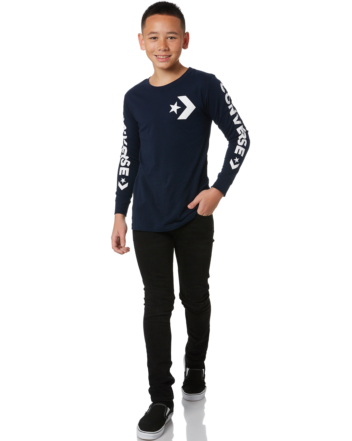 Converse Boys Star Chevron Wordmark Ls Tee - Teen - Obsidian | SurfStitch