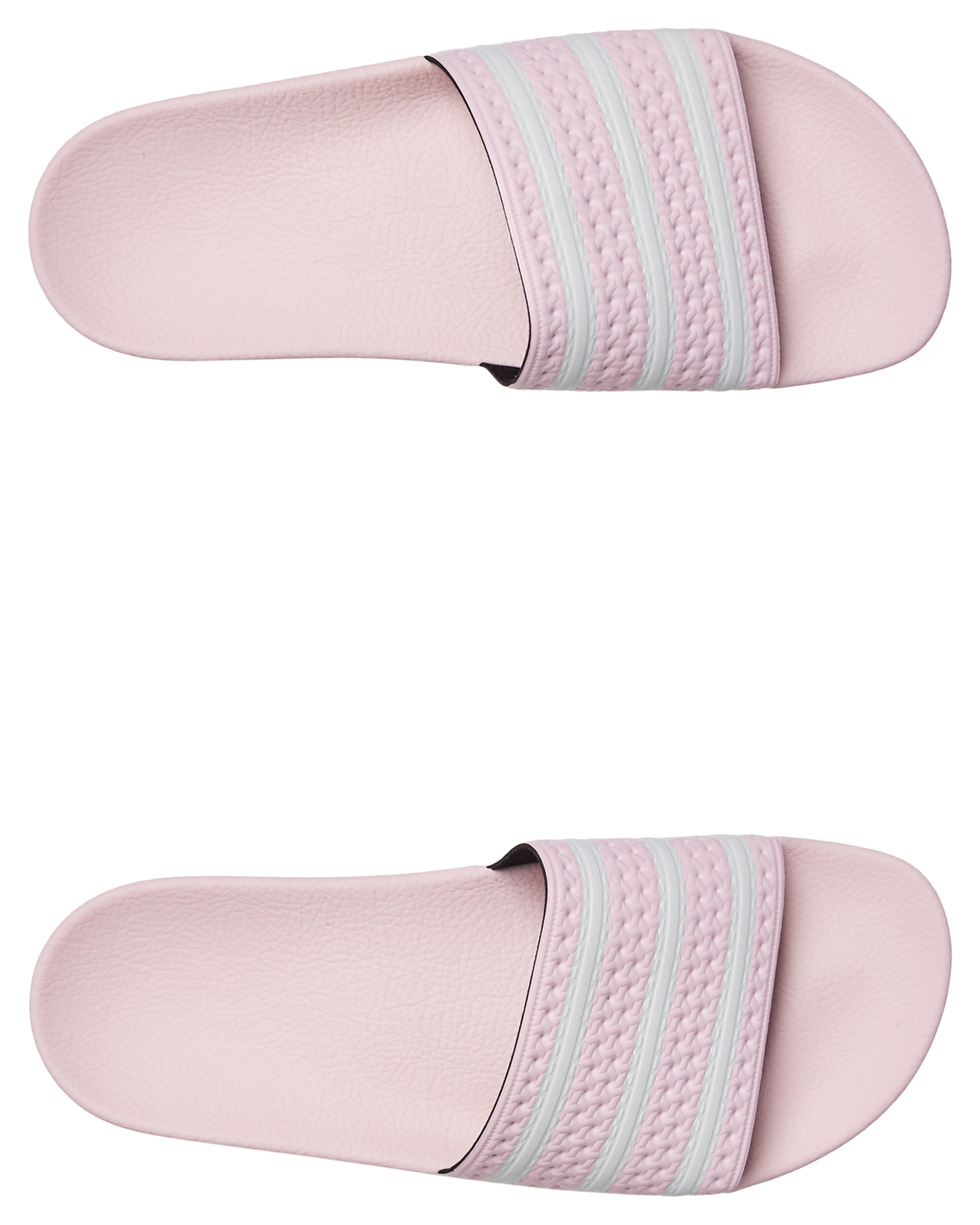 pink and white adidas sliders