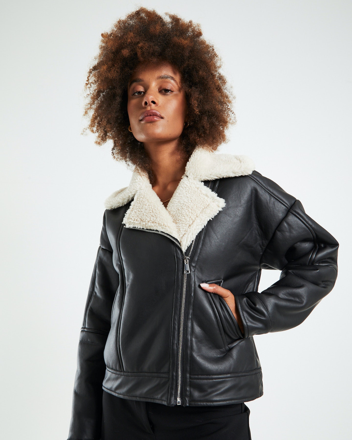 Black shearling biker jacket sale