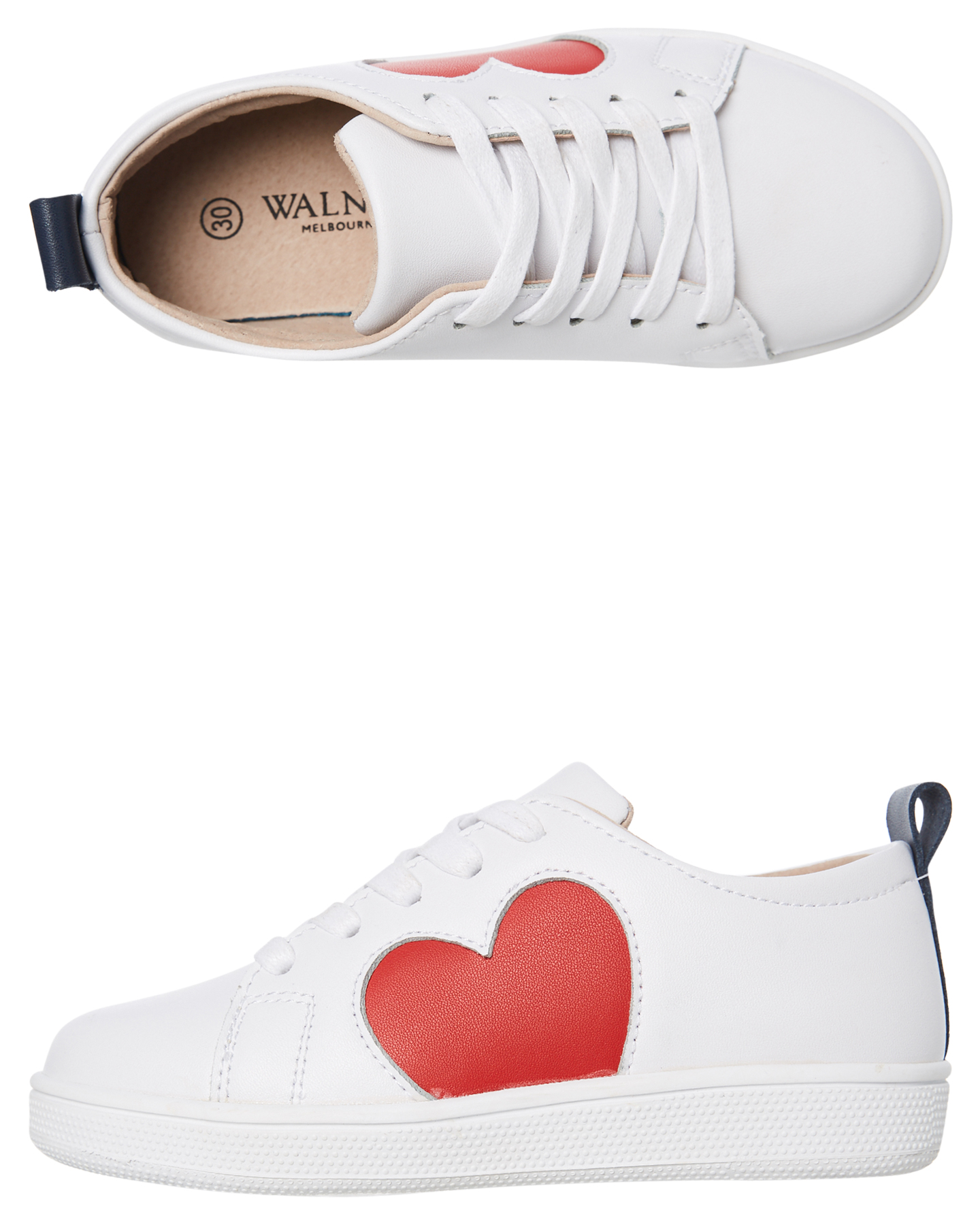 white sneakers with red hearts