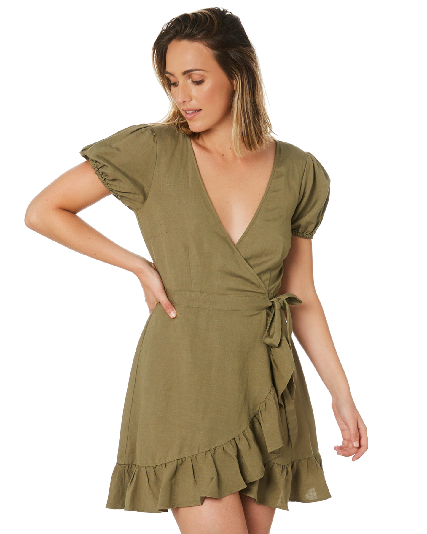 Tigerlily Maiya Mini Wrap Dress - Khaki | SurfStitch