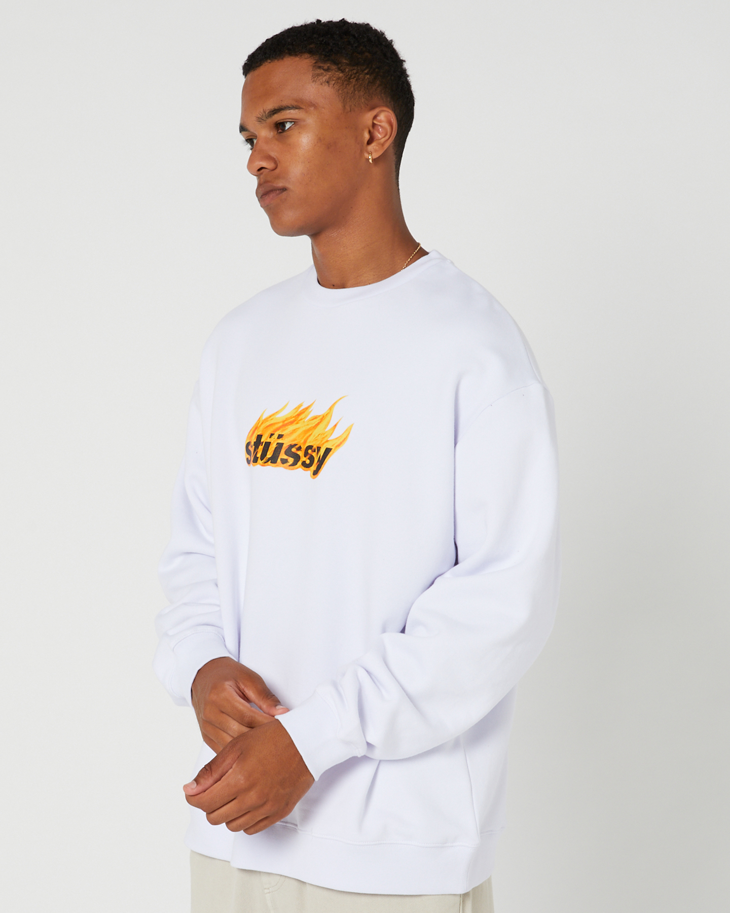 Stussy Pigment Flames 50/50 Crew - White | SurfStitch