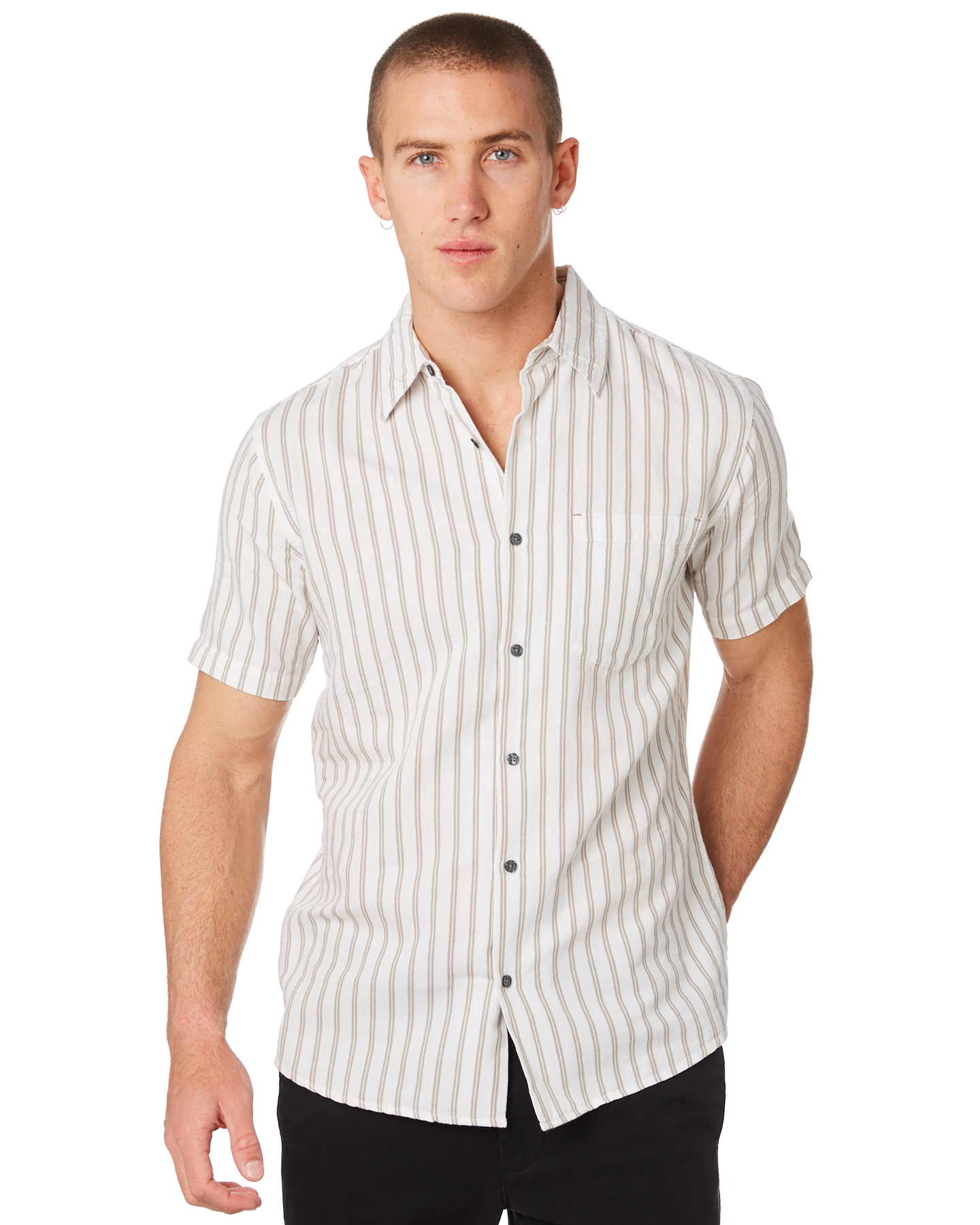 Neuw Linen Stripe Mens Ss Shirt - Off White | SurfStitch