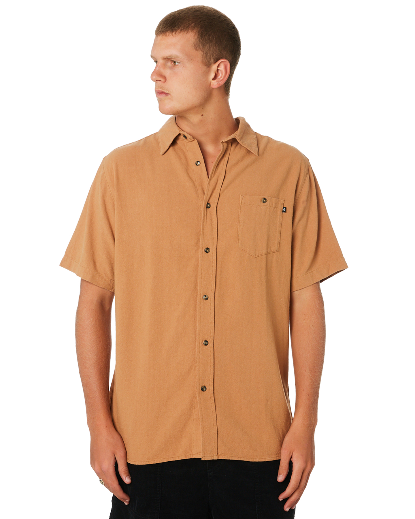 Rusty Pool Linen Mens Ss Shirt - Camel | SurfStitch