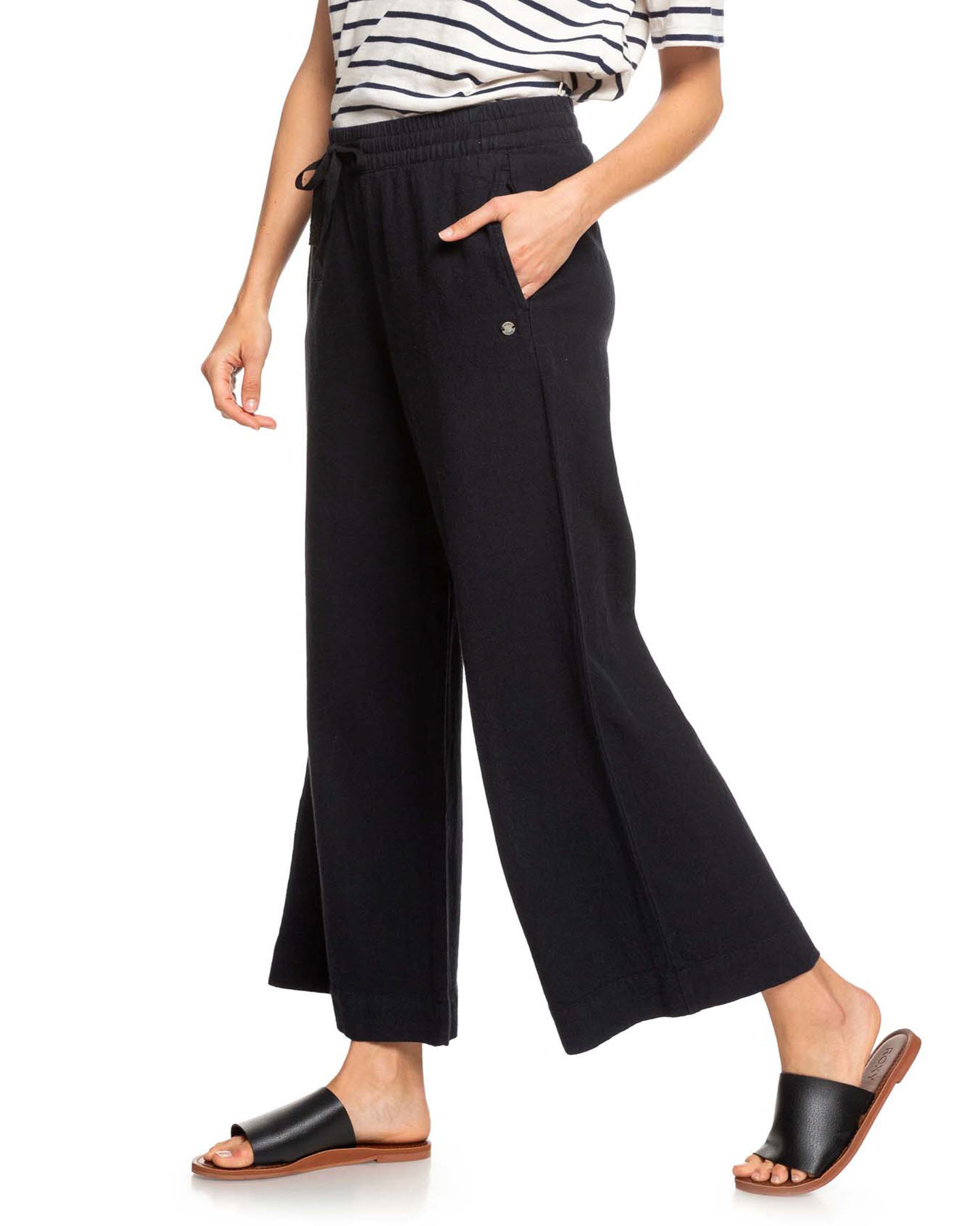 Roxy Womens Great Past Cropped Wide Leg Linen Pants - True Black ...