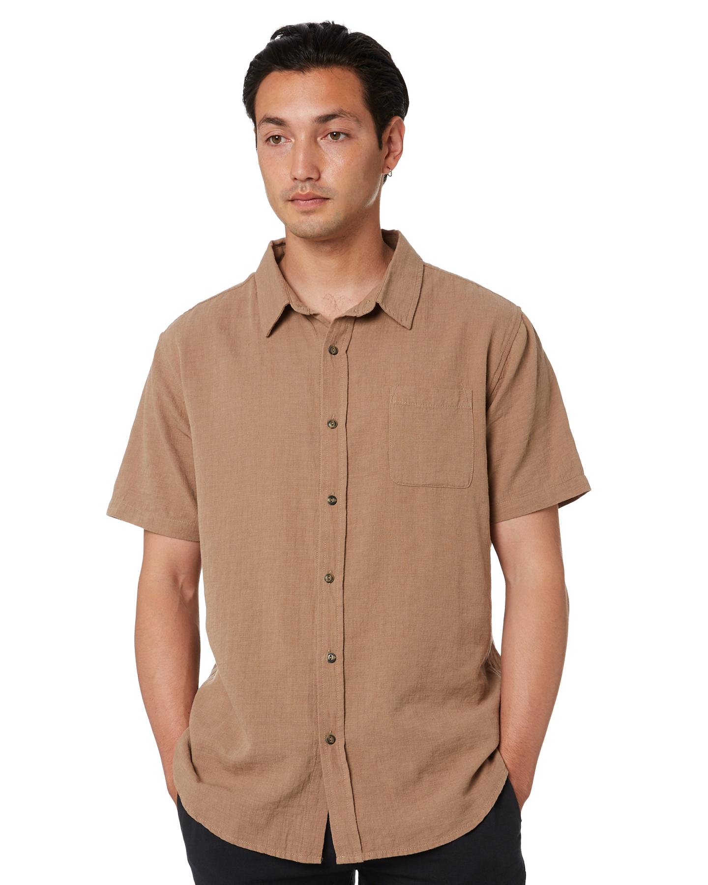 Rusty Overtone Mens Short Sleeve Linen Shirt - Latte | SurfStitch