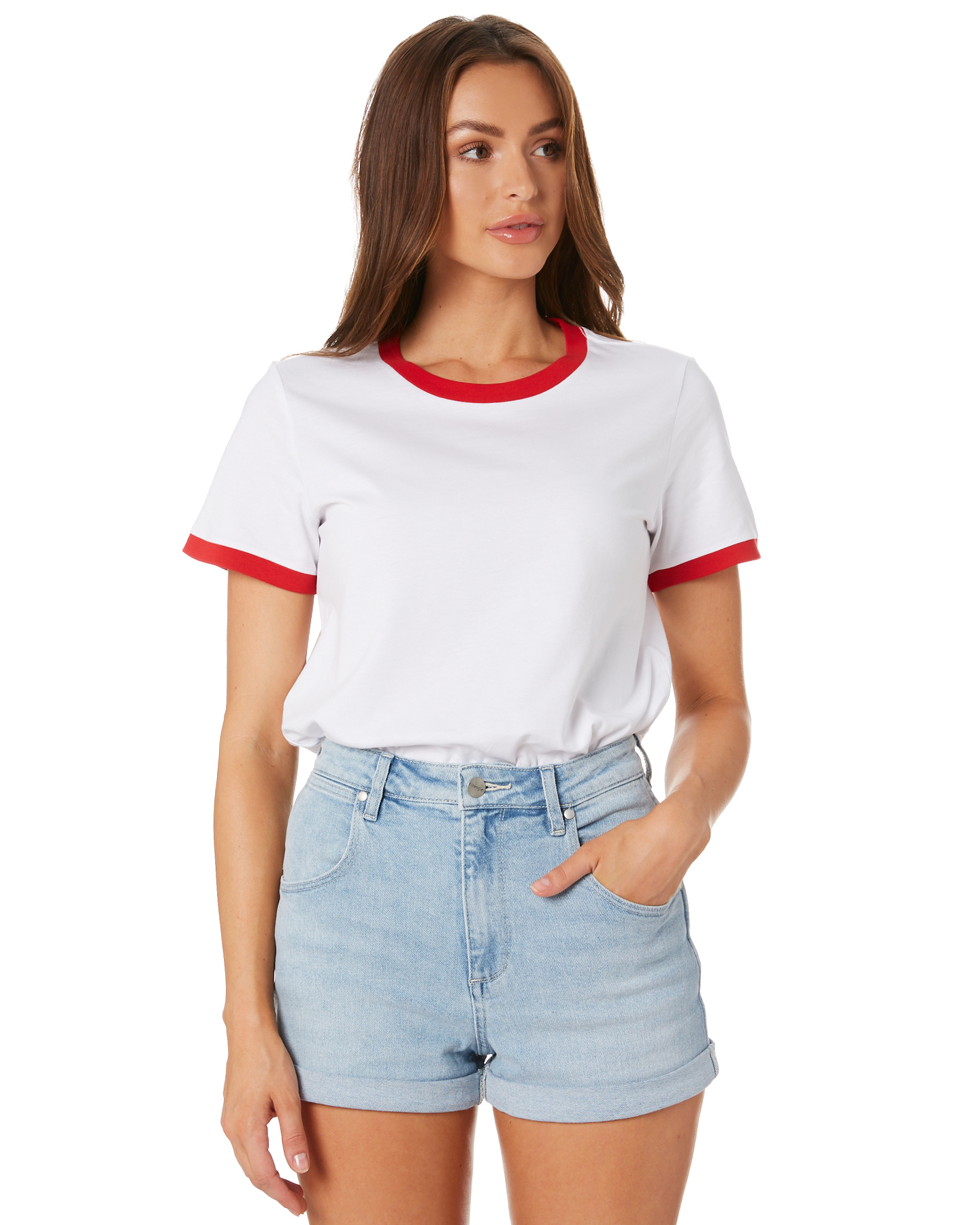 white and pink ringer tee