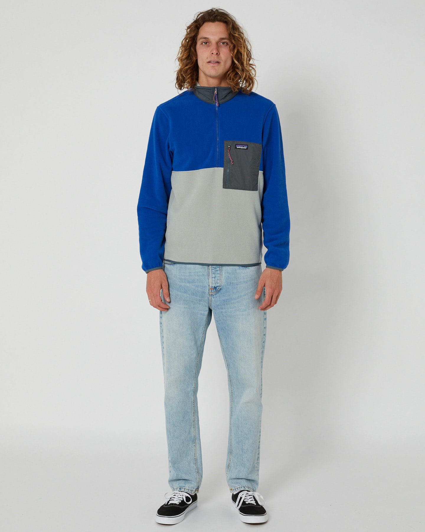 Grey and teal patagonia pullover top