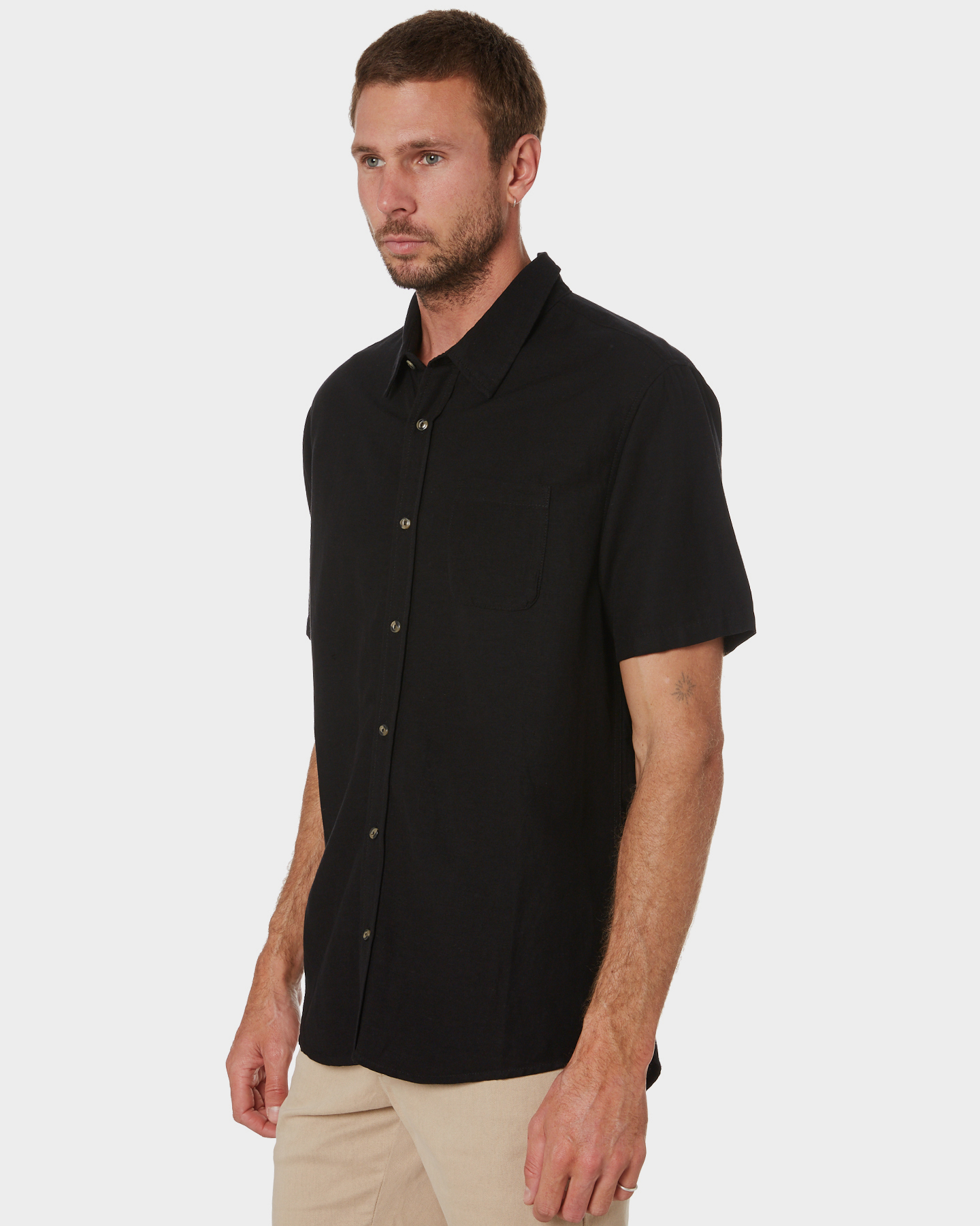 Rusty Overtone Mens Ss Linen Shirt - Black | SurfStitch