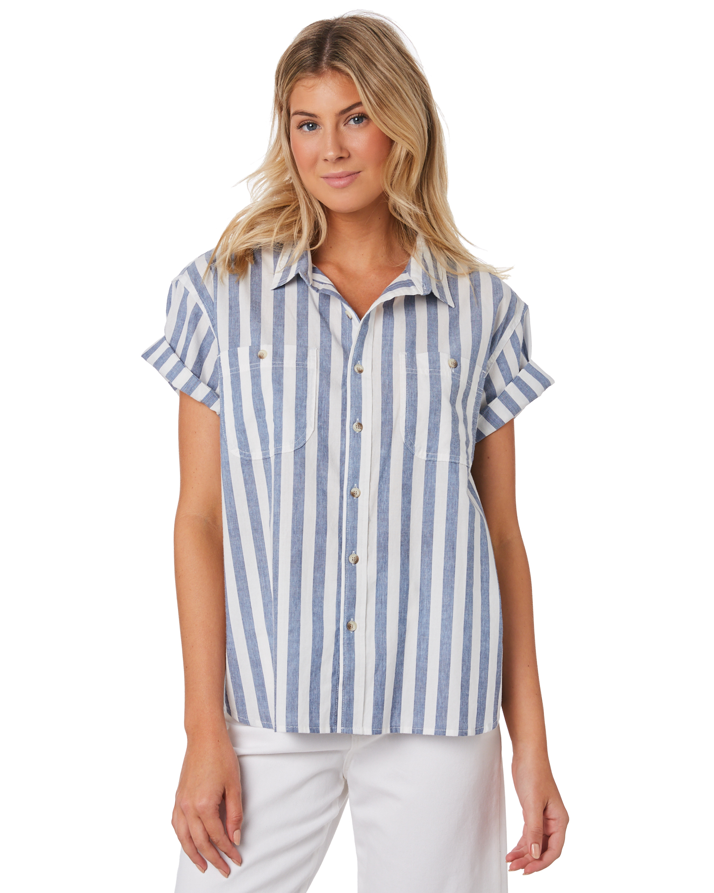 Rollas Daria Stripe Shirt - Blue White | SurfStitch