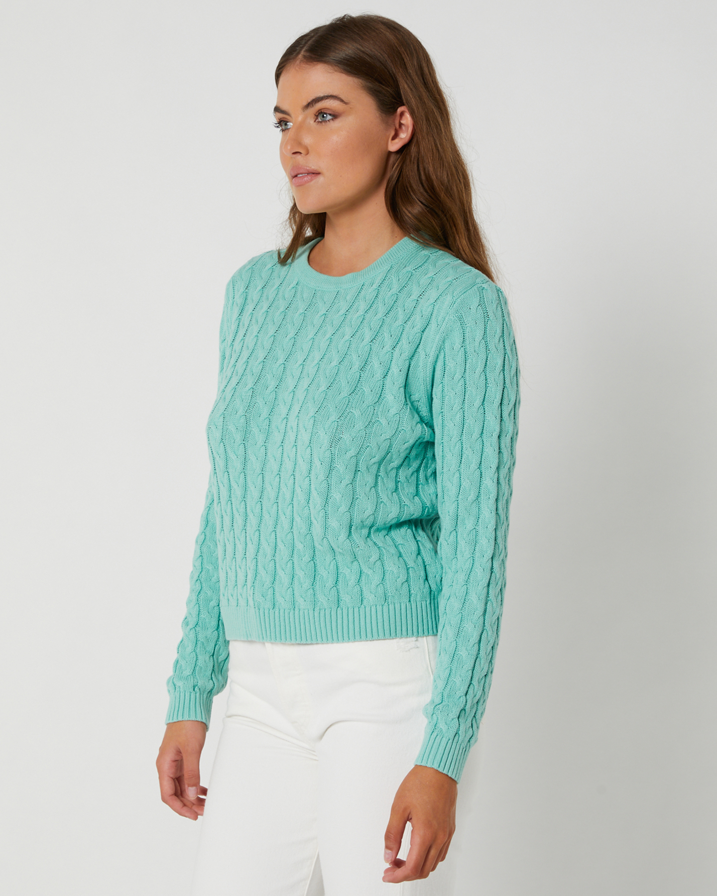 Rusty Everything You Need Crew Cable Knit - Pastel Jade | SurfStitch