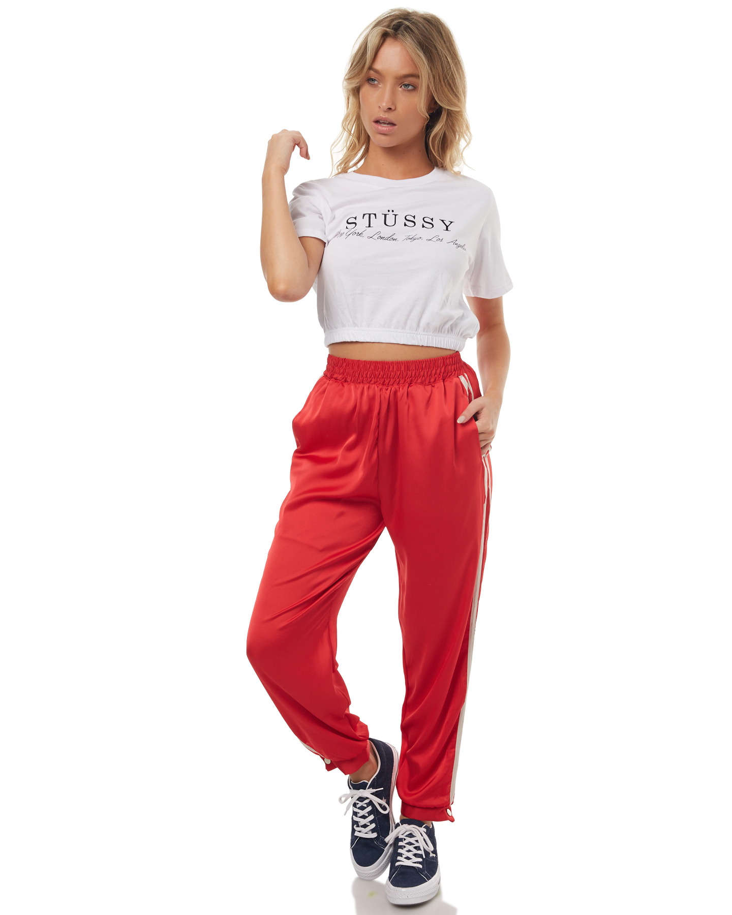 red satin joggers