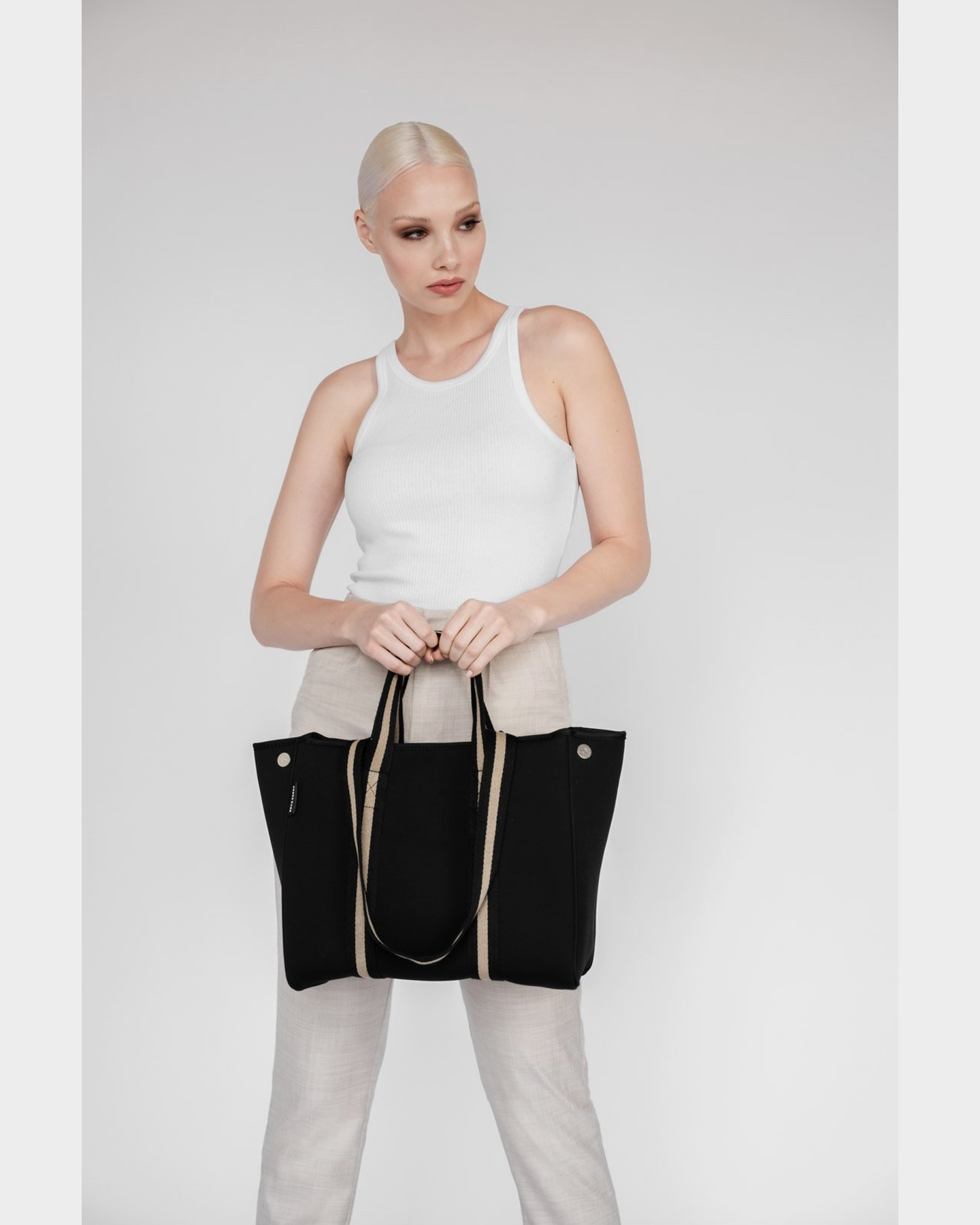Prene Bags The Gigi Bag Neoprene Tote Bag Black Beige SurfStitch