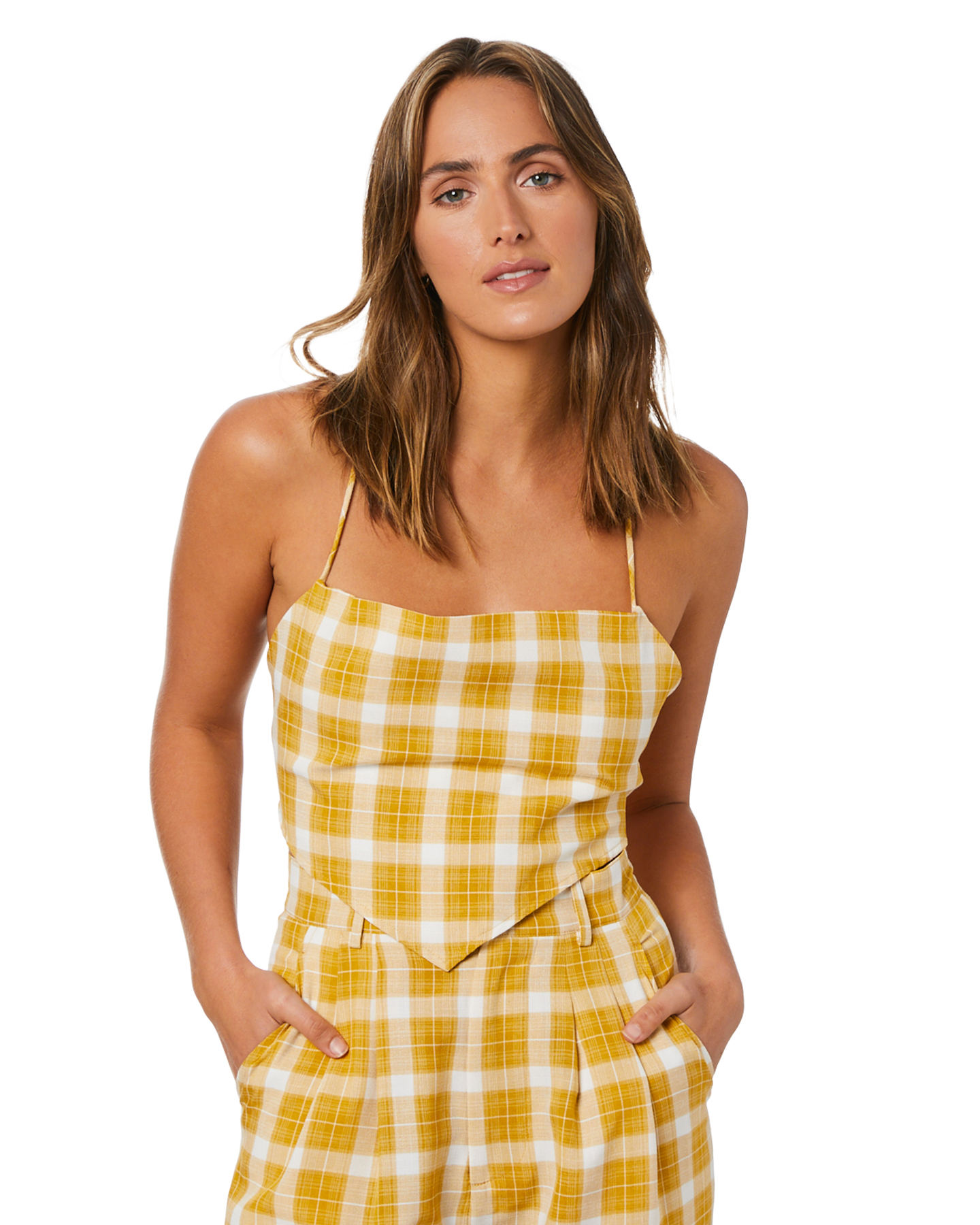 Jagger And Stone Selma Lace Up Top - Mustard Check | SurfStitch