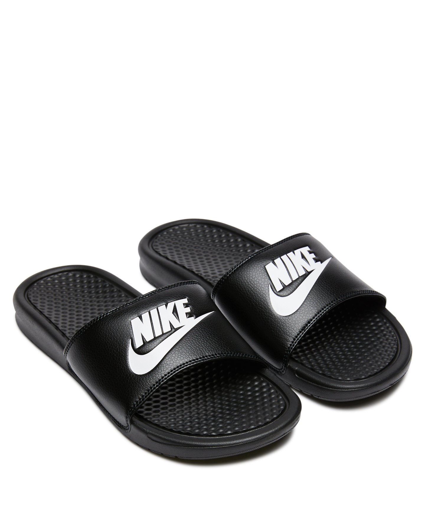 grey and white nike slides