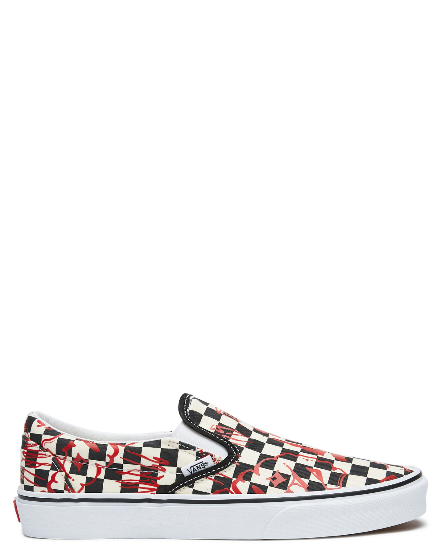 checkerboard vans red slip on